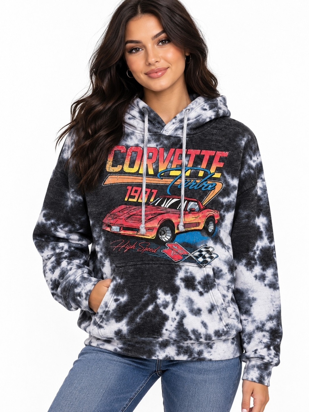Chemistry Black & White Tie-Dye Corvette Graphic Hoodie